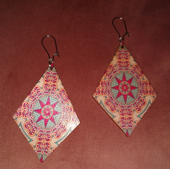 Big Mandala Diamond Shape Earrings Pink Blue Lightweight Wood Steel Wires KATTA - Picture 5 of 6